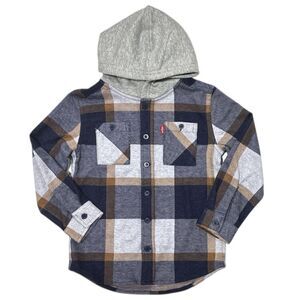 Levi's Boys Warm Regular Fit Button Up Flannel Hooded Overshirt - Navy